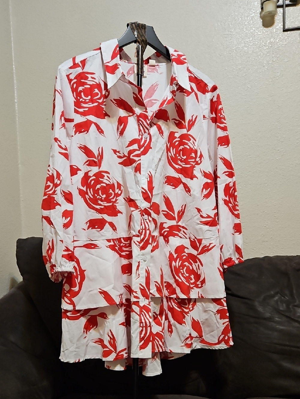 Truth + Style White Button-Down Shirt with Red Floral Print